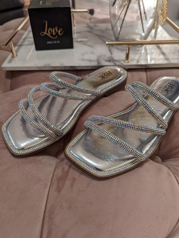 Monochromatic Silver Beaded Sandals