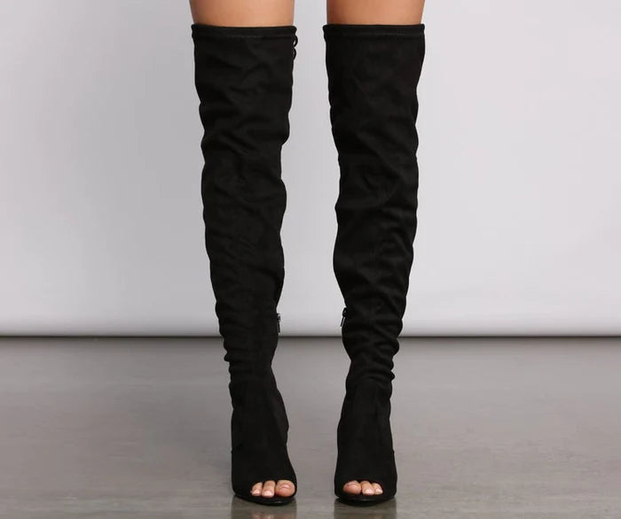 Peeping Tom Open Toe Black Thigh High Boots